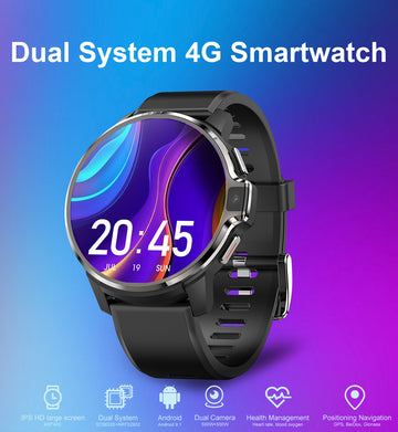 Dual System 4G Smartwatch with large IPS screen, health management, dual camera, and GPS navigation displayed on colorful interface.