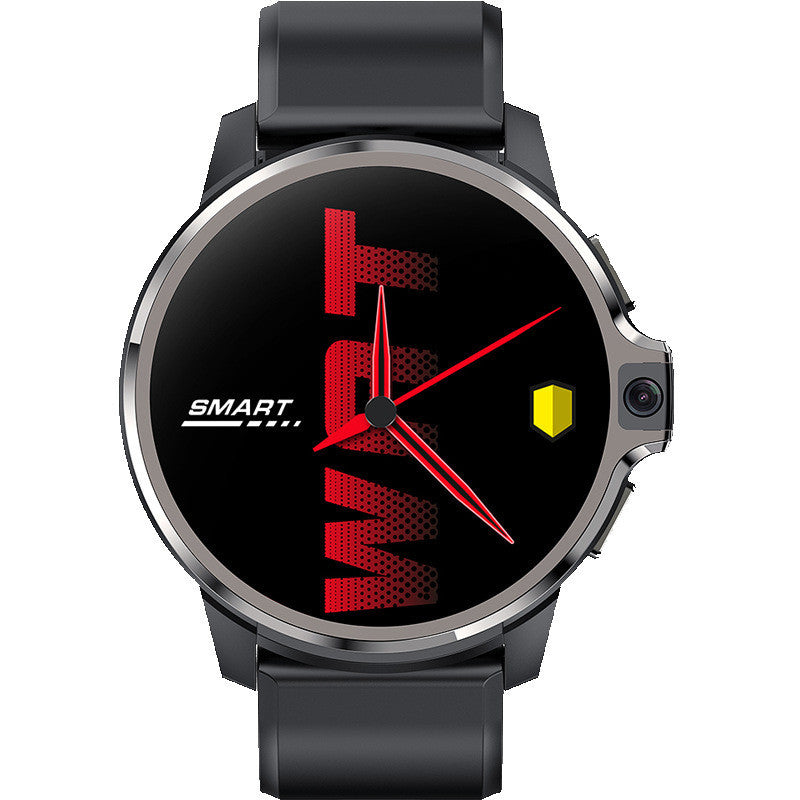 Smart watch with large screen, showing sleek black design and red accents, features 4G dual system and heart rate monitoring.