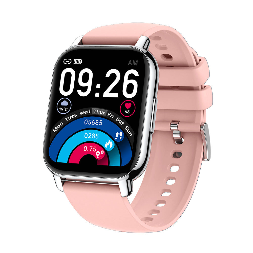 Pink smart watch with 1.85-inch TFT screen displaying time and fitness stats, featuring a wristband design and Bluetooth call functionality.